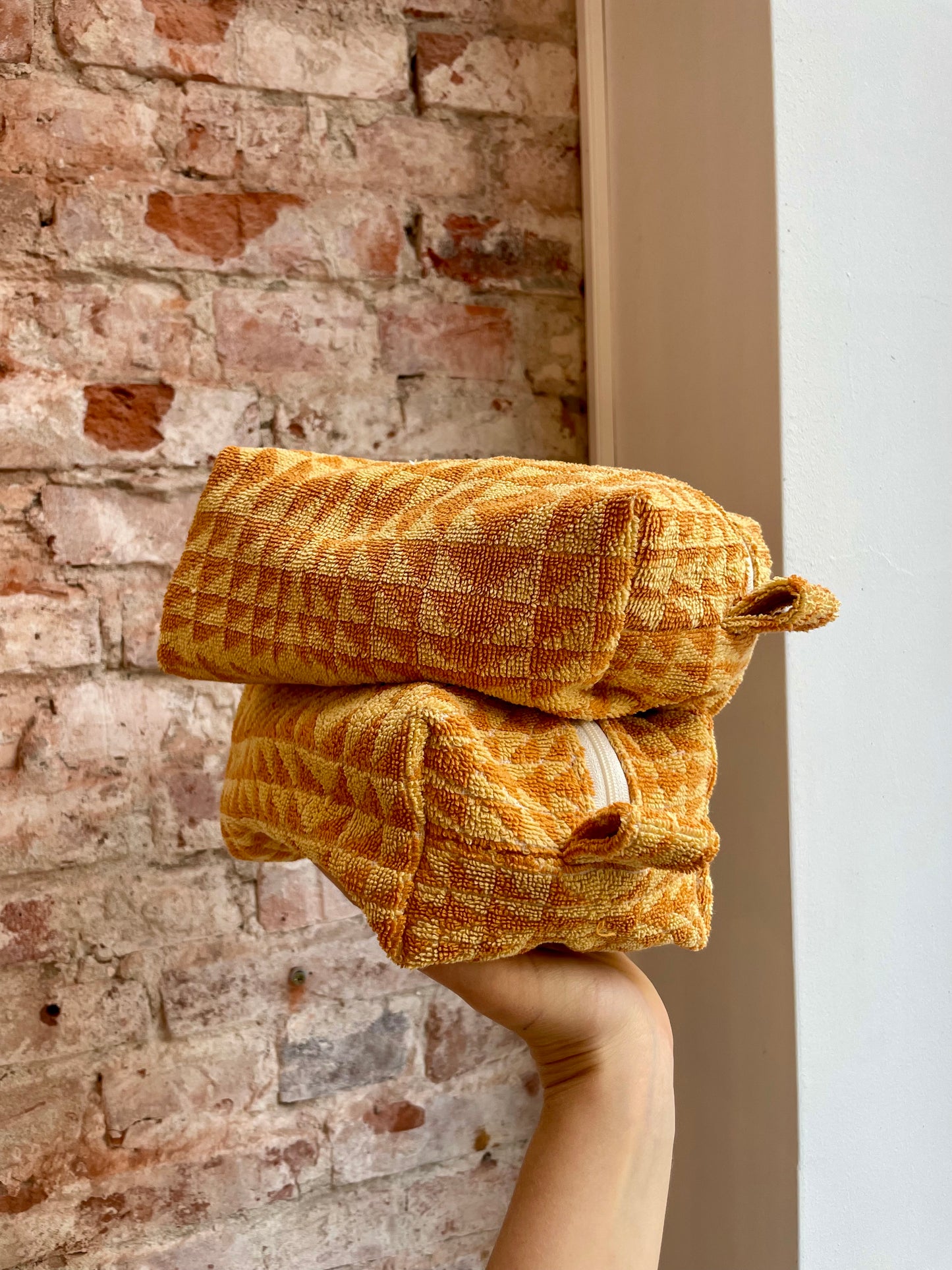 Cosmetic bag patchwork geometric sand