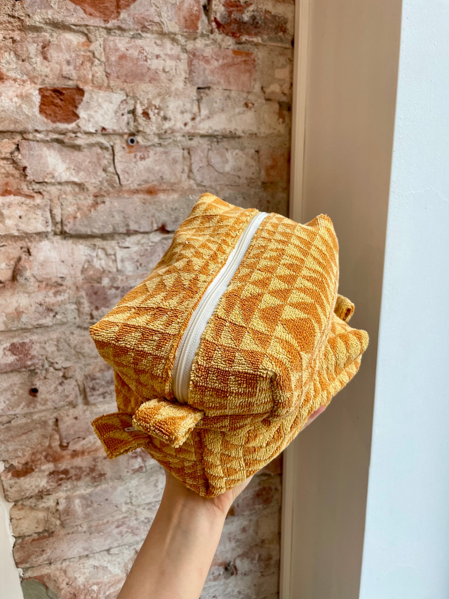 Cosmetic bag patchwork geometric sand