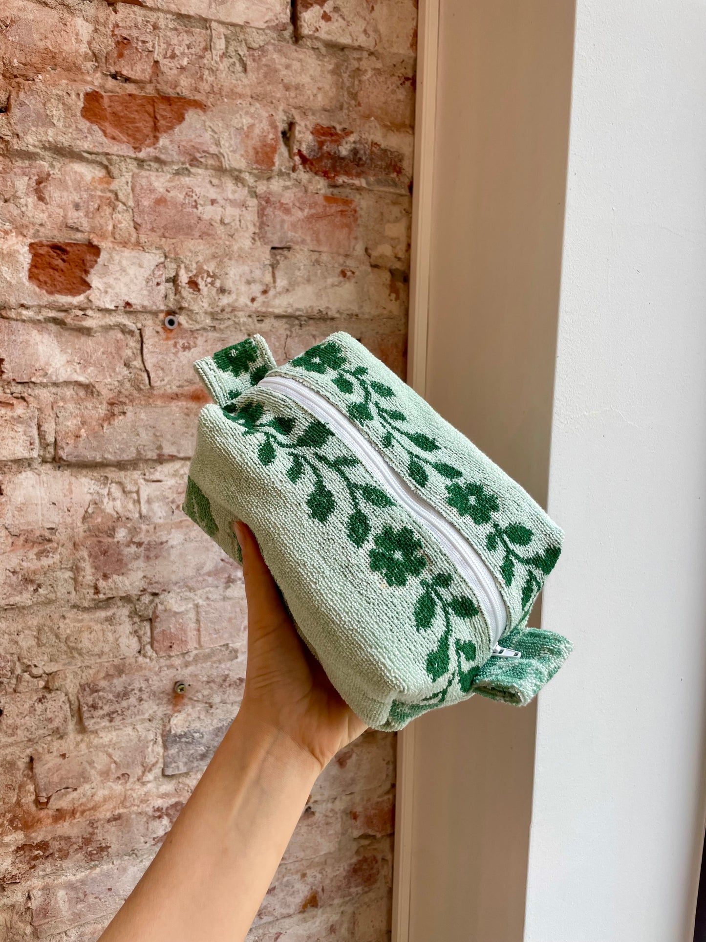 Cosmetic bag patchwork greenish rosy