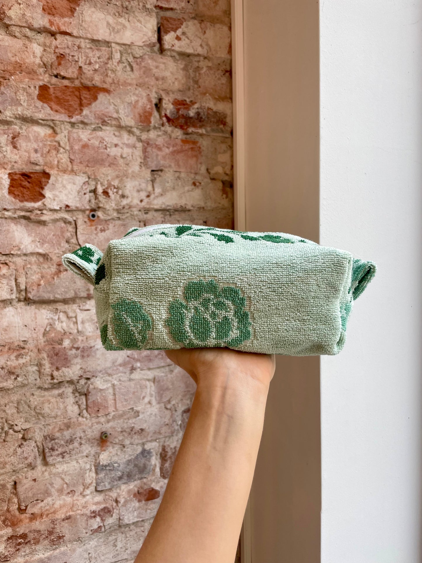 Cosmetic bag patchwork greenish rosy