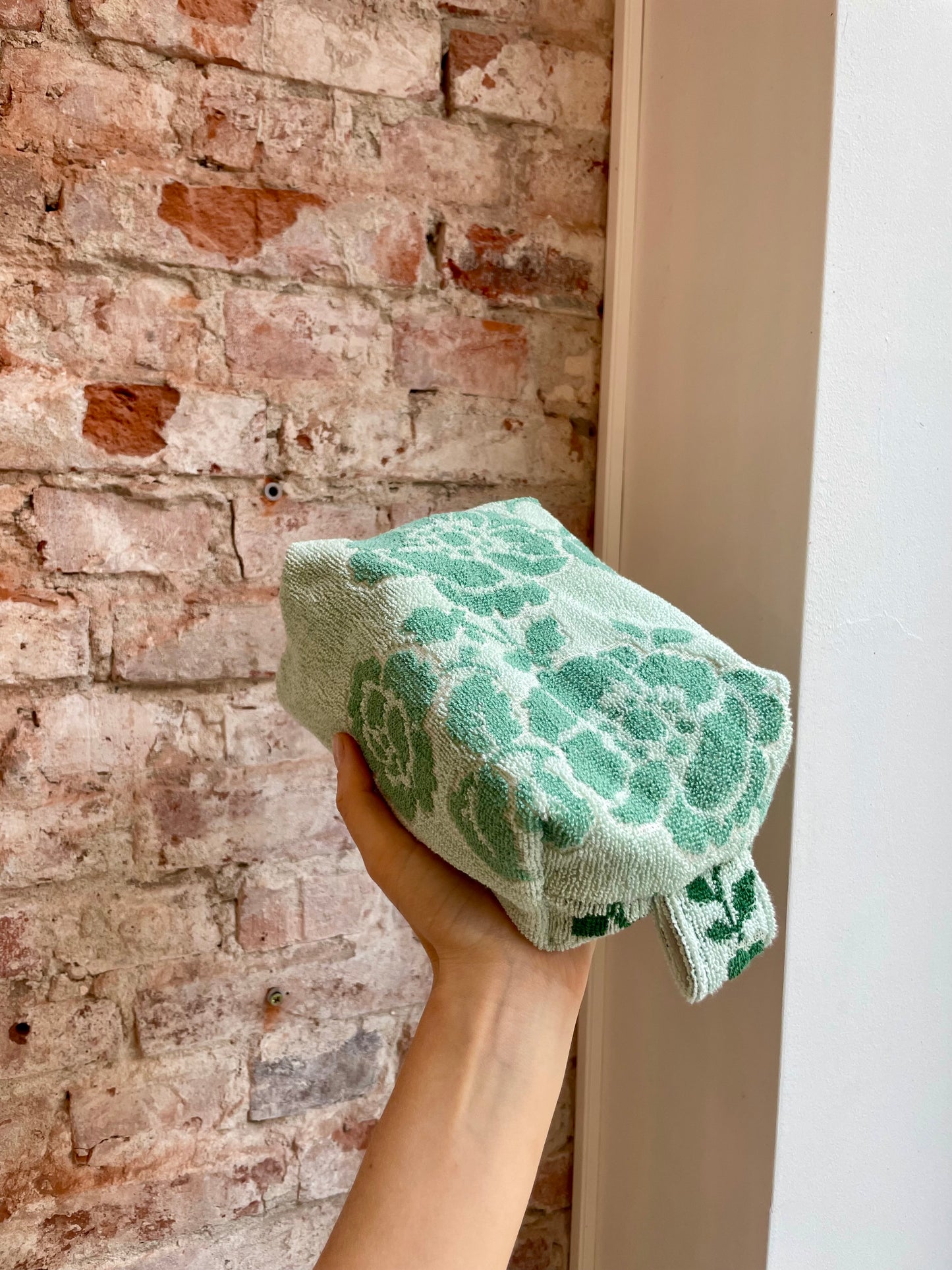 Cosmetic bag patchwork greenish rosy