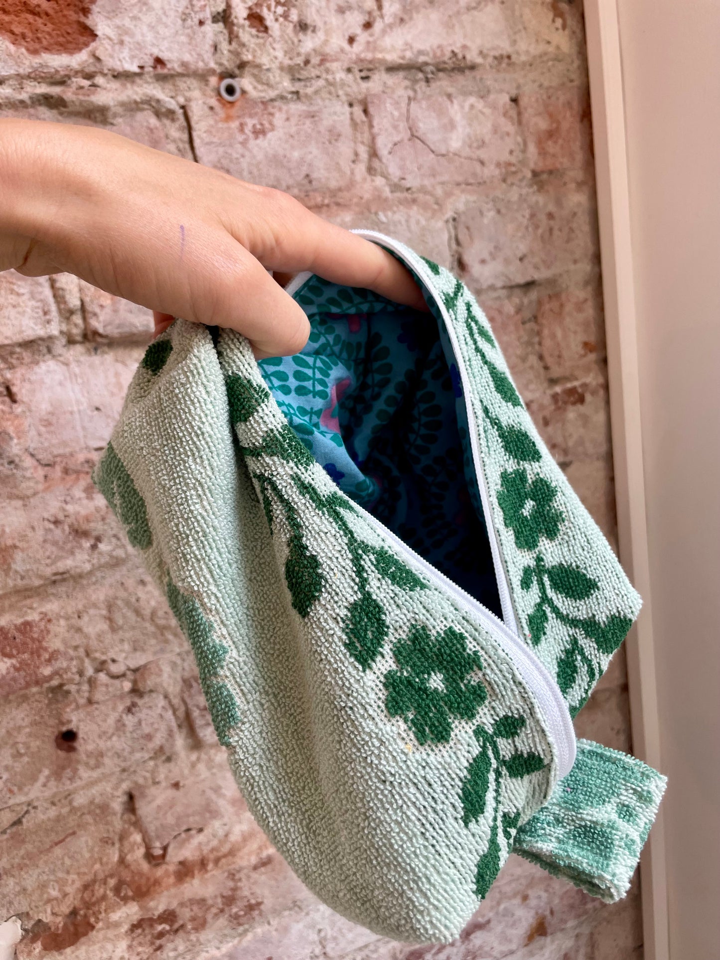 Cosmetic bag patchwork greenish rosy
