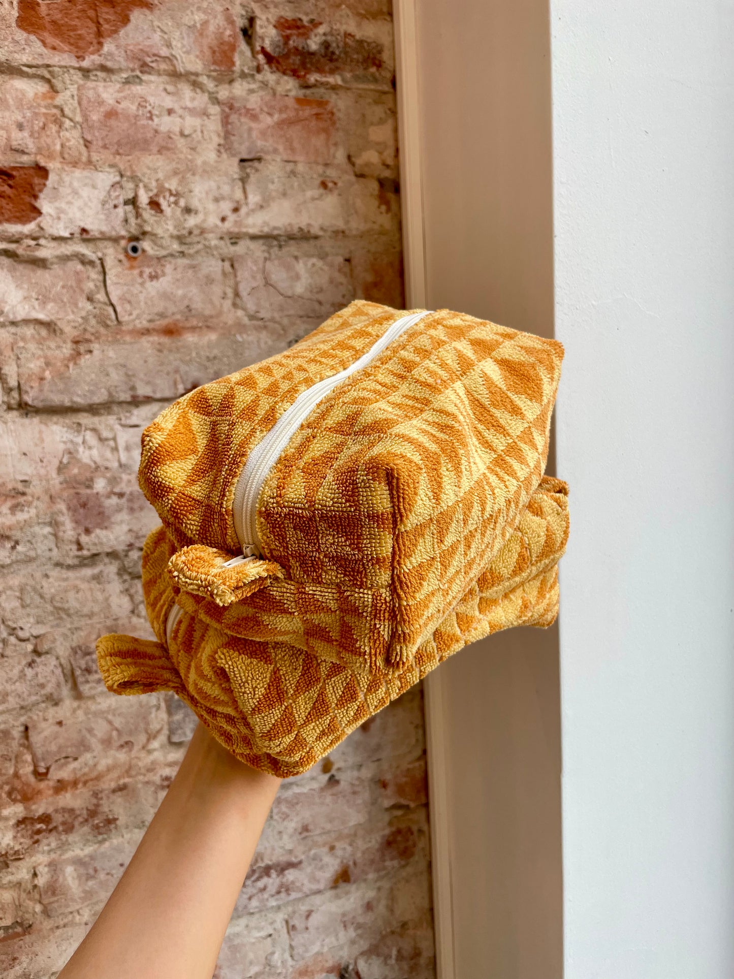Cosmetic bag patchwork geometric sand