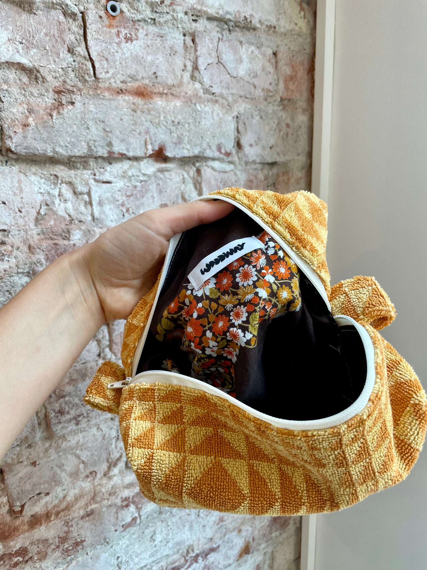 Cosmetic bag patchwork geometric sand